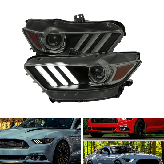 Spec-D LED Strip Xenon HID Projector Headlights, Black/Smoked | Ford Mustang (15-17) / Mustang Shelby (17-22) (2LHP-MST15SM-RO)