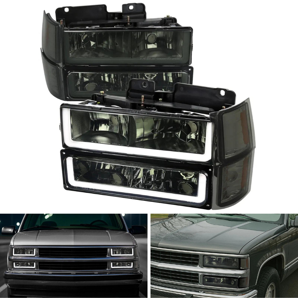 Spec-D Chrome Smoked LED Headlights w/LED Strip & Bumper Lights | Chevrolet C10/C/K/Silverado/Tahoe/Suburban (94-98) (2LBCLH-C1094G-G3-GO)