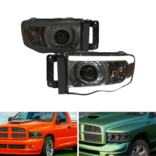 Spec-D Chrome Smoked LED Tube Projector Headlights | Dodge Ram 1500 (02-05) / Ram 2500/3500 (03-05) (2LHP-DGP02G-G3-GO)