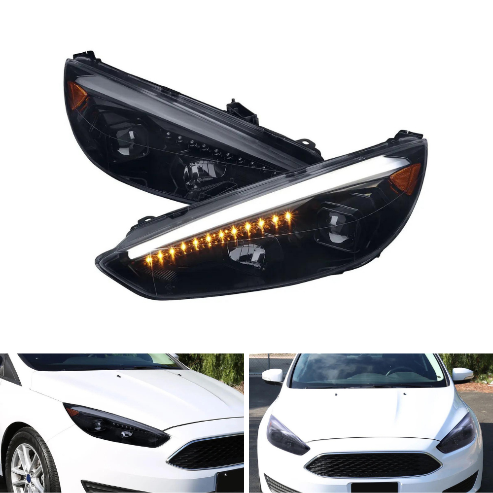 Spec-D Sequential LED Projector Headlights, Gloss Black/Smoked | Ford Focus (15-18) (2LHP-FOC15G-SQ-TM)