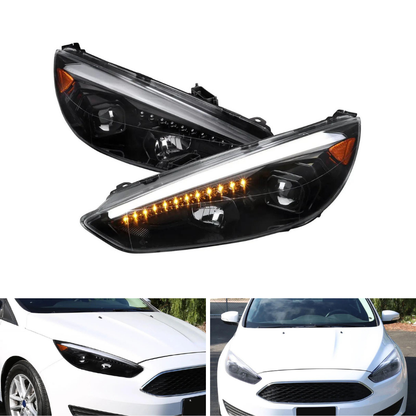 Spec-D Sequential LED Projector Headlights, Jet Black/Clear | Ford Focus (15-18) (2LHP-FOC15BK-SQ-TM)