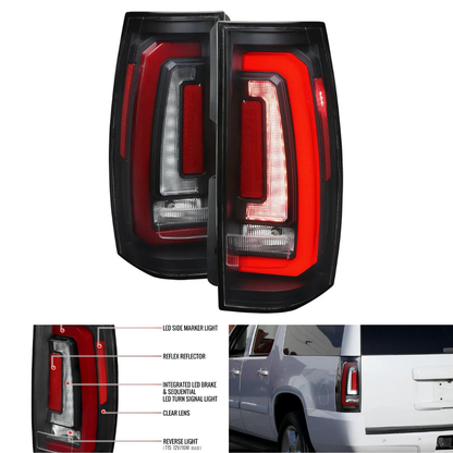 Spec-D Sequential LED Tail Lights, Red, Matte Black/Clear | Chevrolet Tahoe/Suburban / GMC Yukon/Denali (07-14) (LT-DEN07JRLED-SQ-RS)