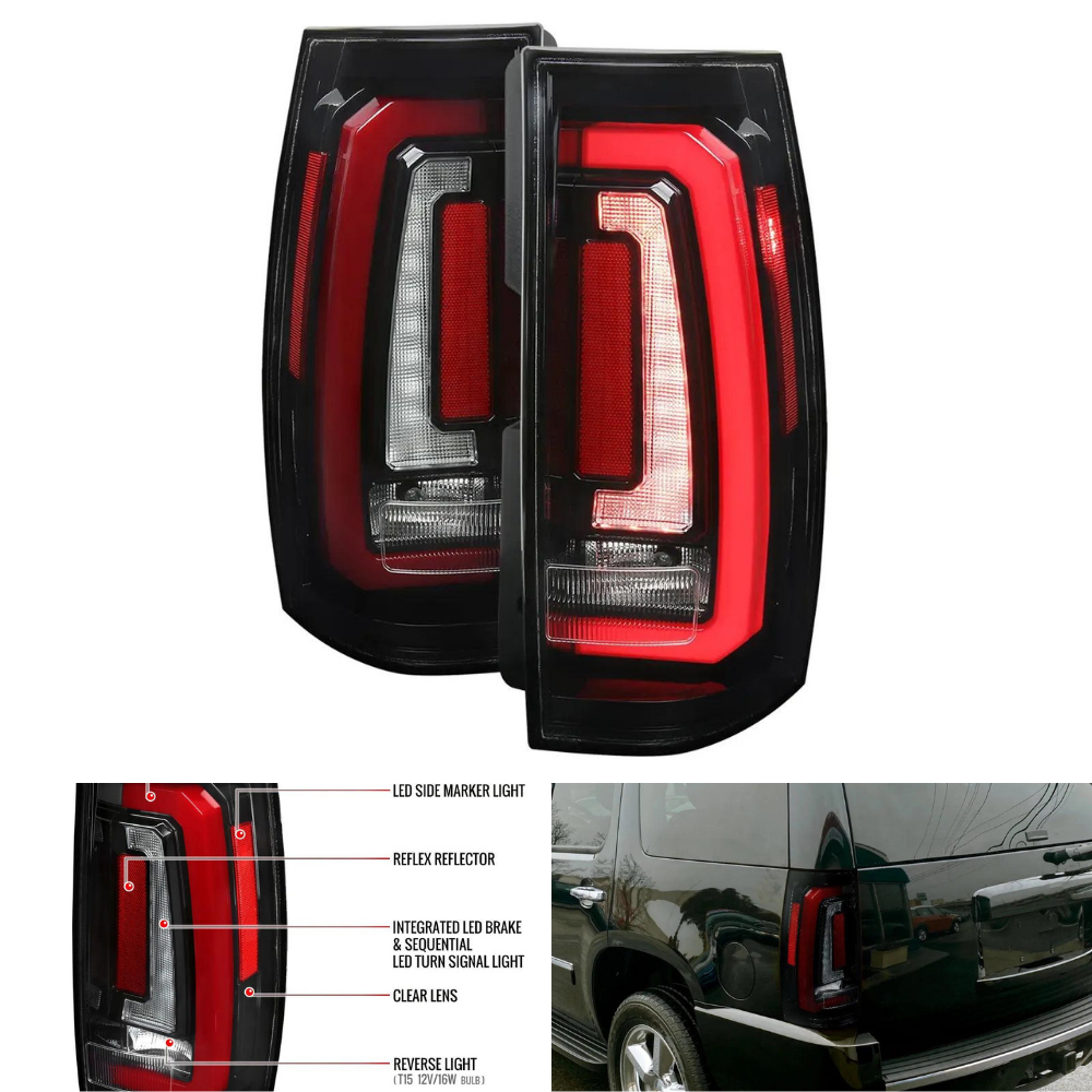 Spec-D Sequential LED Tail Lights, Jet Black/Clear | Chevrolet Tahoe/Suburban / GMC Yukon/Denali (07-14) (LT-DEN07BKLED-SQ-RS)