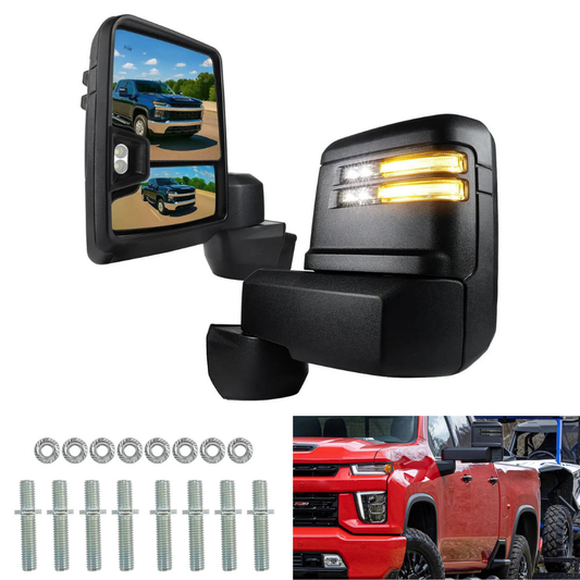 Spec-D Power Adj Heated Extendable Black Towing Mirrors, Smoked LED | Chevrolet Silverado 2500HD/3500HD / GMC Sierra 2500HD/3500HD (20-26) (RMX-SIV2025G3GHP-FS)