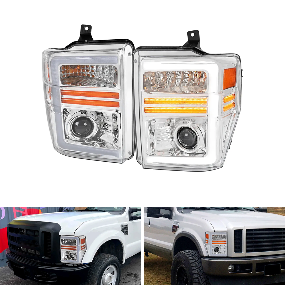 Spec-D Chrome Projector Headlights w/ LED Sequential Turn Signal | Ford F-250/F-350/F-450/F-550 Super Duty (08-10) (2LHP-F25008-G3-GO)