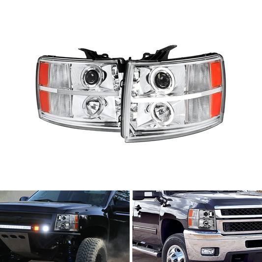Spec-D Chrome Dual Halo Projector Headlights w/ LED Bar | Chevrolet Silverado 1500 (07-13) / 2500HD/3500HD (07-14) (2LHP-SIV07-V2-RS)