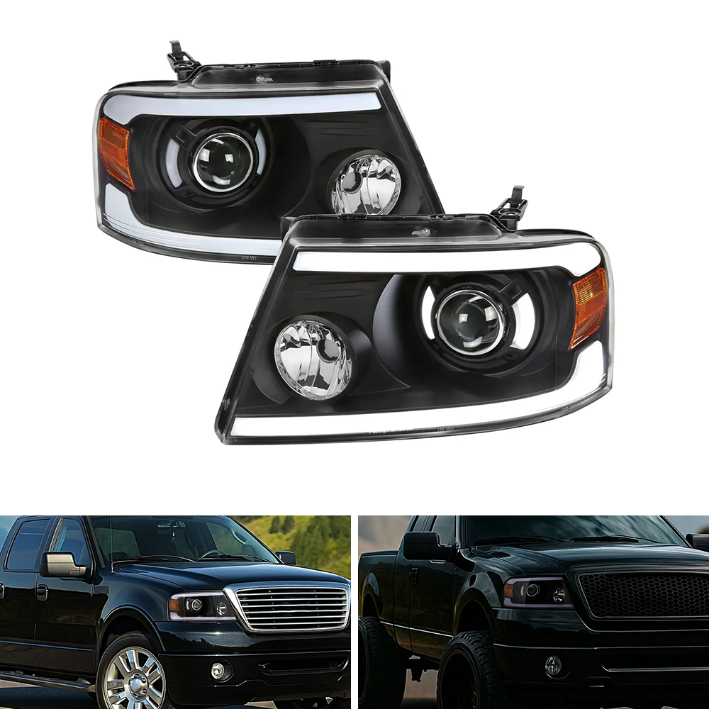 Spec-D LED Tube Projector Headlights, Matte Black/Clear | Ford F-150 (04-08) / Lincoln Mark LT (06-08) (2LHP-F15004JM-G3-GO)