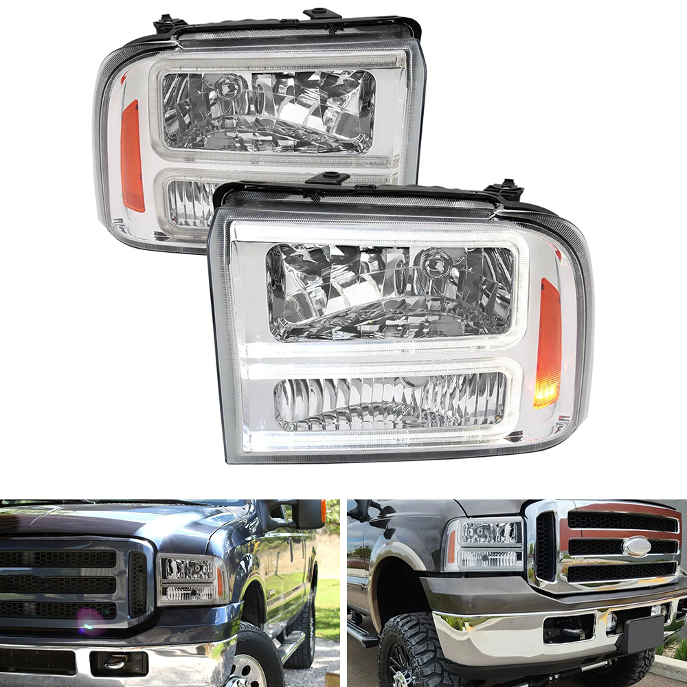 Spec-D Chrome Dual LED C-Bar Headlights | Ford F-250/F-350/F-450/F-550 (05-07) (2LH-F25005-G3-RS)