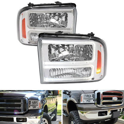 Spec-D Chrome Dual LED C-Bar Headlights | Ford F-250/F-350/F-450/F-550 (05-07) (2LH-F25005-G3-RS)