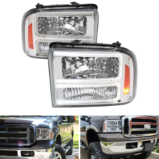 Spec-D Chrome Dual LED C-Bar Headlights | Ford F-250/F-350/F-450/F-550 (05-07) (2LH-F25005-G3-RS)
