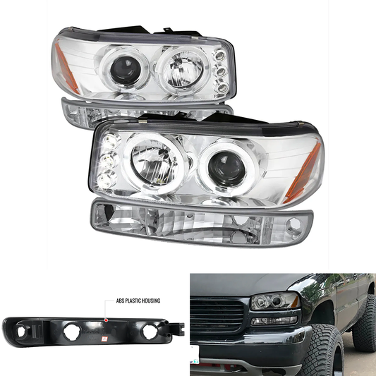 Spec-D Dual Halo Projector Headlights & Bumper Lights, Chrome/Clear | GMC Sierra/Yukon XL (99-07) (2LBLHP-GMC99-TM)