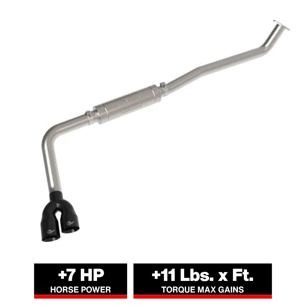 aFe Rebel Series 3in 304 Stainless Middle-Side Exit Exhaust Black Tips Toyota Hilux 15-26 L4-2.4/2.8