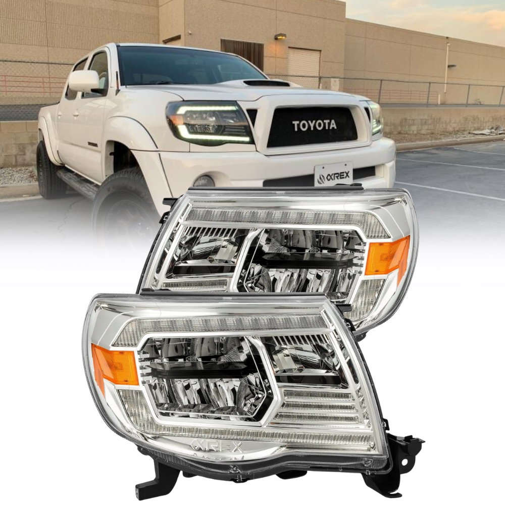 AlphaRex 05-11 Toyota Tacoma LUXX Crystal Headlights Plank Style Chrome w/ Activation Light/DRL (880734)