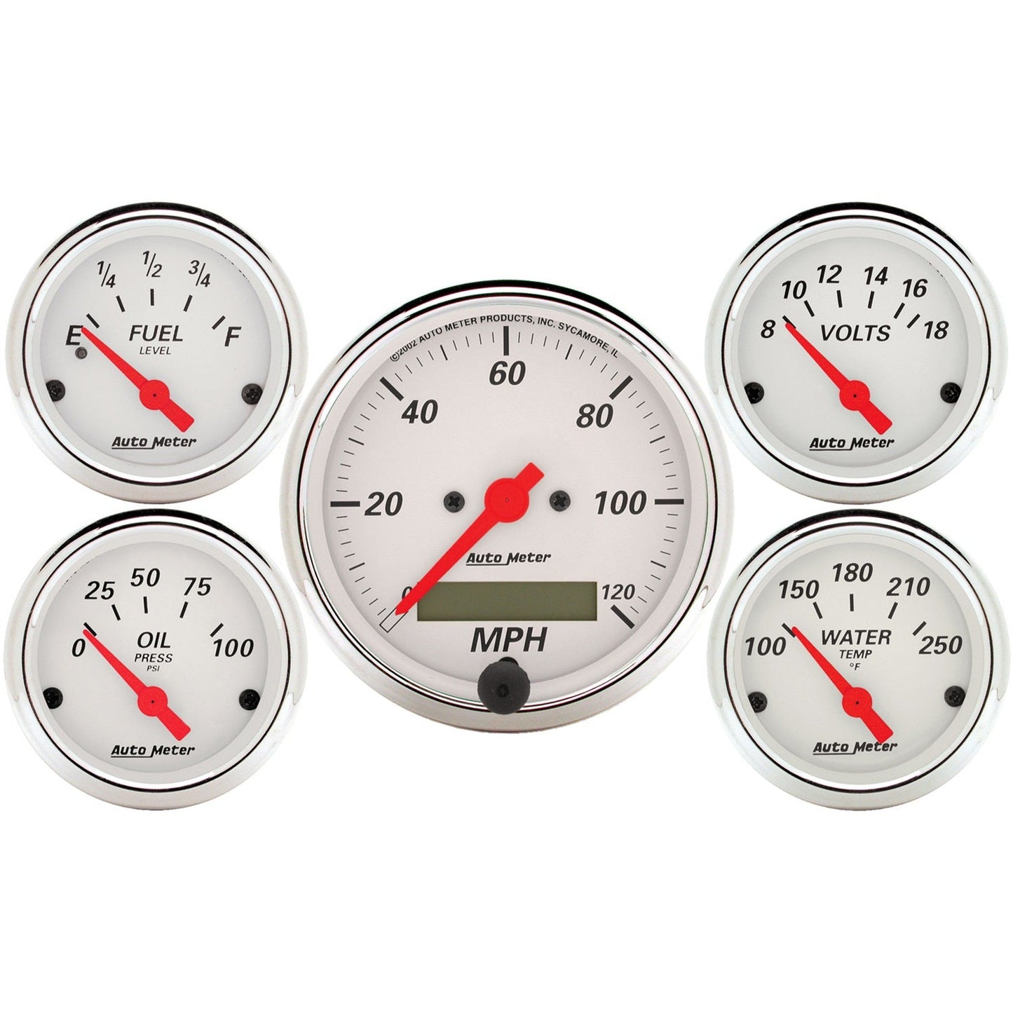 AutoMeter Arctic White 5 Pc Kit Box w/ Elec Speedo, Elec Oil Press, Water Temp, Volt, Fuel Level (1302)