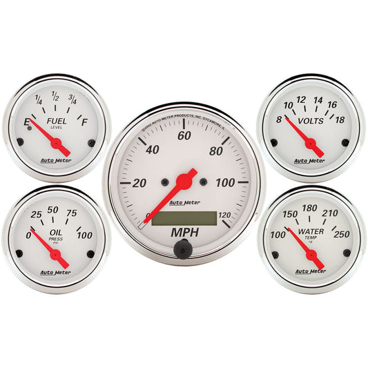 AutoMeter Arctic White 5 Pc Kit Box w/ Elec Speedo, Elec Oil Press, Water Temp, Volt, Fuel Level (1302)