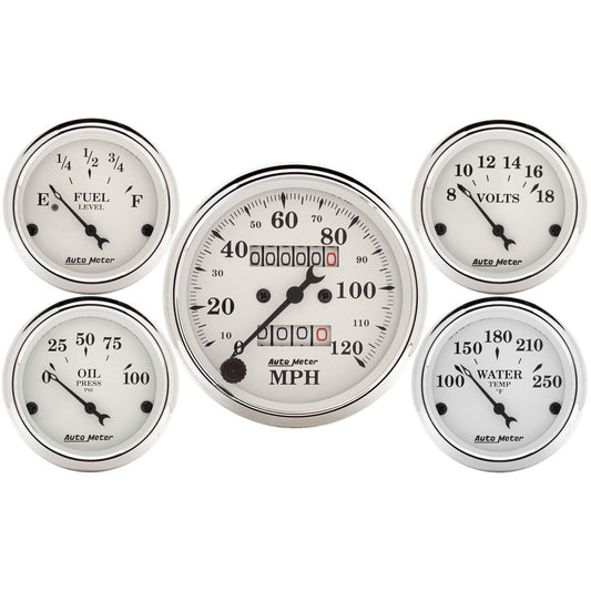 AutoMeter Auto Meter Speedometer 3-1/8in and 2-1/16in Mechanical 5-Piece Old Tyme White Gauge Kit (1601)