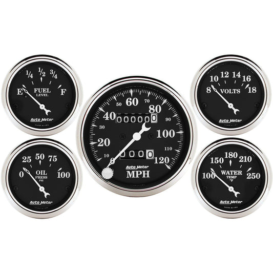 AutoMeter Auto Meter Gauge Kit 5 pc. 3 1/8in and 2 1/16in Mechanical Speedometer Old Tyme Black (1708)