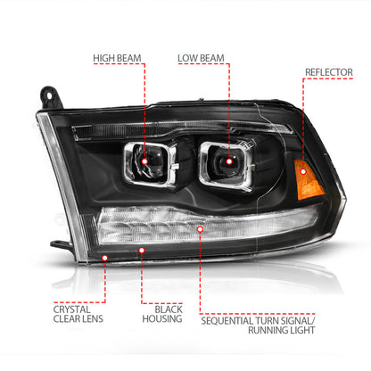 ANZO 09-19 Dodge RAM 1500 / 10-18 2500/3500 LED Proj Headlights SeqSig Black - Pair