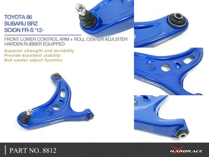 Hardrace Hardened Rubber Front Lower Control Arm + Roll Center Adjuster Toyota FT86 ZN6 / ZN8 12-21-