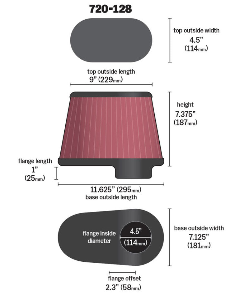 AIRAID 720-128 Universal Oval Air Filter 4.5" Flange for Custom Intake Use