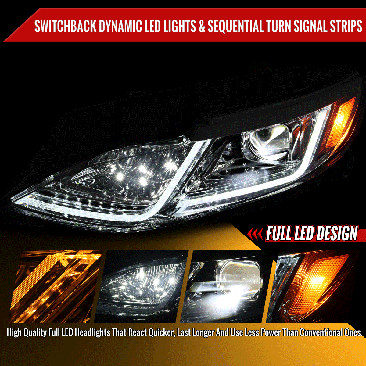 2019-2024 Chevrolet Malibu Full LED Projector Headlights Switchback Sequential Turn Signal (Chrome Housing/Clear Lens)