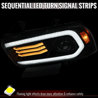 2011-2014 Dodge Charger HID Projector Headlights w/ LED DRL Light Strip Sequential Turn Signal and Side Marker (Black Housing / Clear Lens)