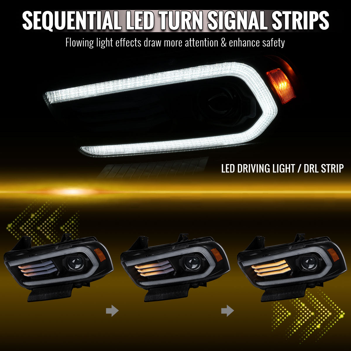 2011-2014 Dodge Charger HID Projector Headlights w/ LED DRL Light Strip Sequential Turn Signal and Side Marker (Black Housing / Clear Lens)