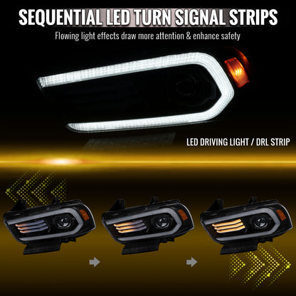 2011-2014 Dodge Charger HID Projector Headlights w/ LED DRL Light Strip Sequential Turn Signal and Side Marker (Black Housing / Clear Lens)