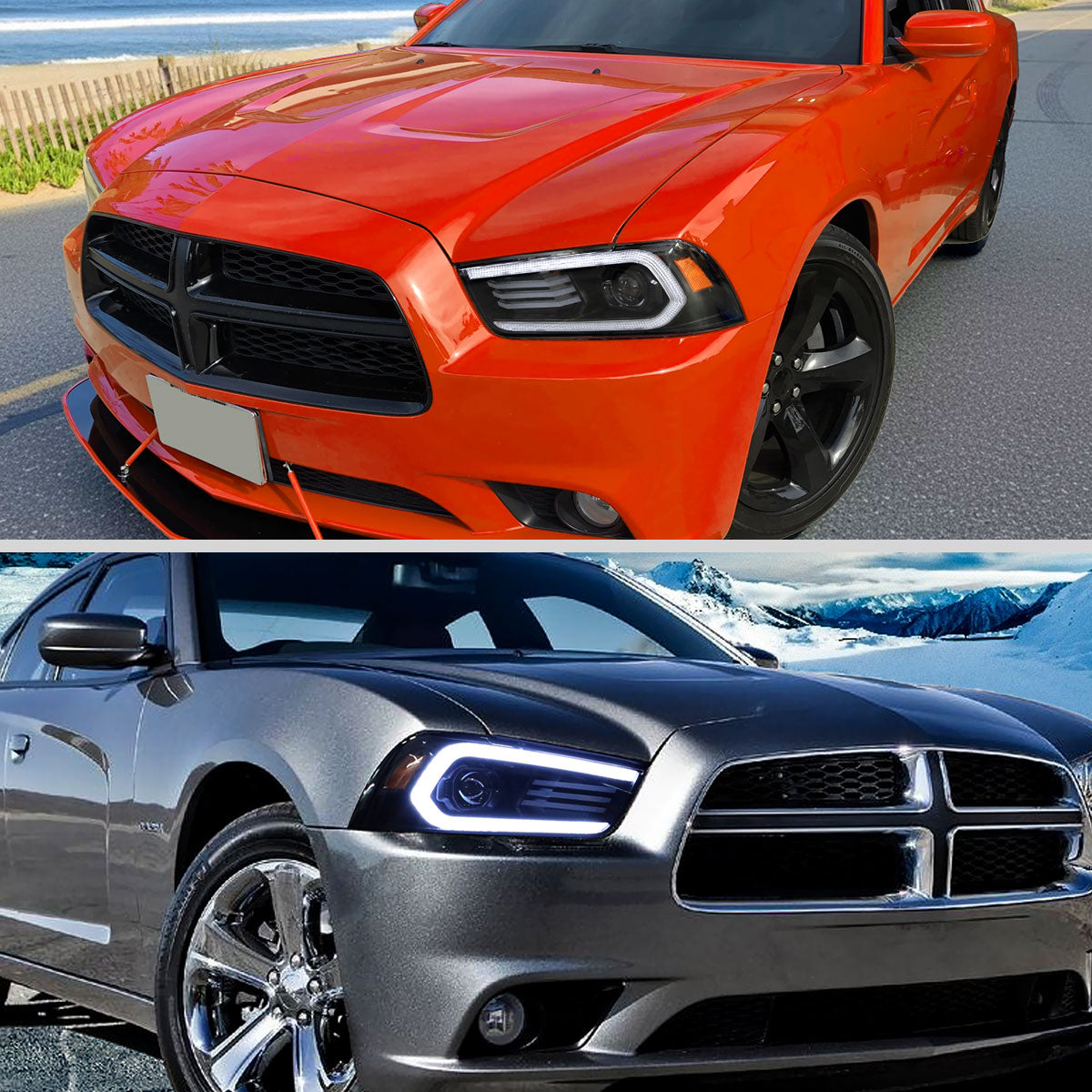 2011-2014 Dodge Charger HID Projector Headlights w/ LED DRL Light Strip Sequential Turn Signal and Side Marker (Black Housing / Clear Lens)
