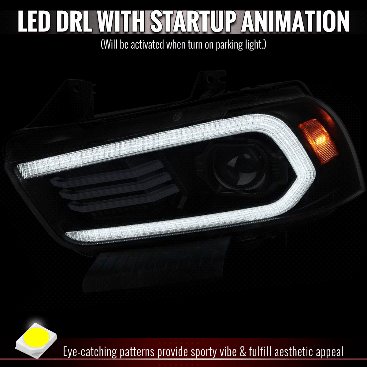 2011-2014 Dodge Charger HID Projector Headlights w/ LED DRL Light Strip Sequential Turn Signal and Side Marker (Black Housing / Clear Lens)