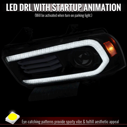 2011-2014 Dodge Charger HID Projector Headlights w/ LED DRL Light Strip Sequential Turn Signal and Side Marker (Black Housing / Clear Lens)