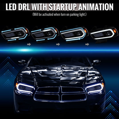 2011-2014 Dodge Charger HID Projector Headlights w/ LED DRL Light Strip Sequential Turn Signal and Side Marker (Black Housing / Clear Lens)