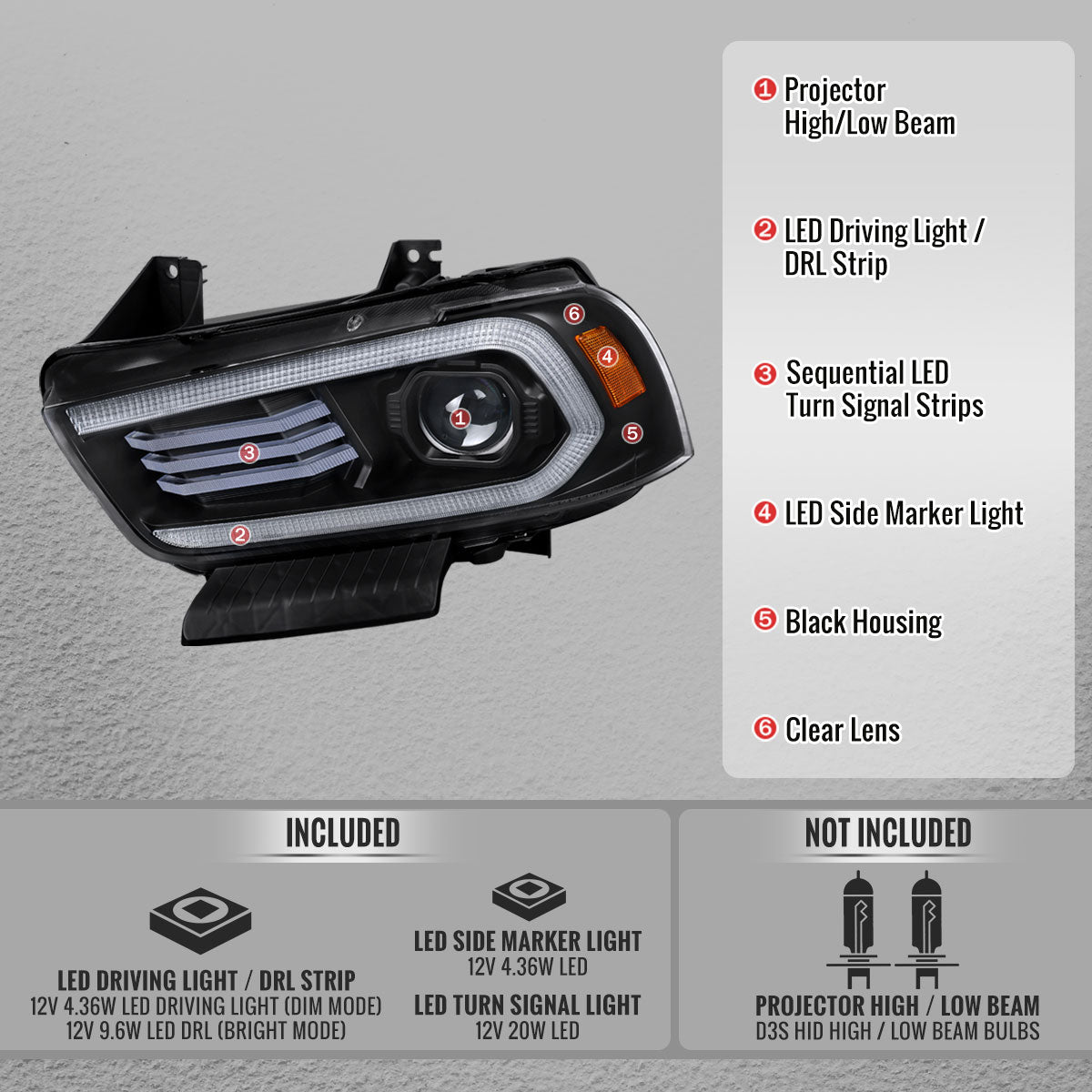 2011-2014 Dodge Charger HID Projector Headlights w/ LED DRL Light Strip Sequential Turn Signal and Side Marker (Black Housing / Clear Lens)