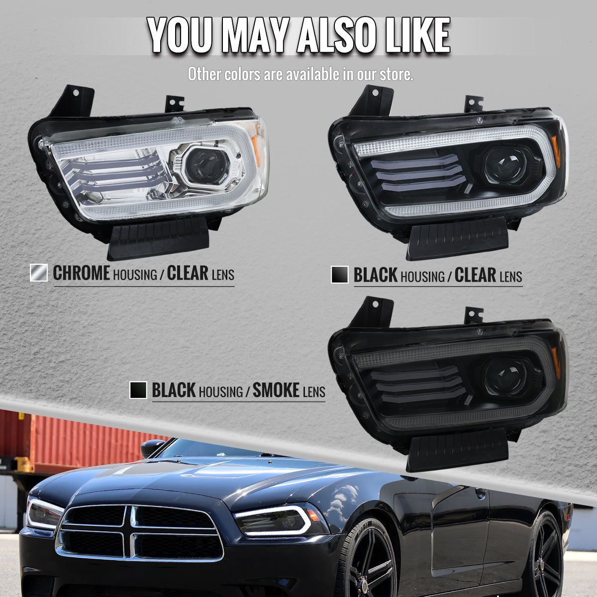 2011-2014 Dodge Charger HID Projector Headlights w/ LED DRL Light Strip Sequential Turn Signal and Side Marker (Black Housing / Clear Lens)
