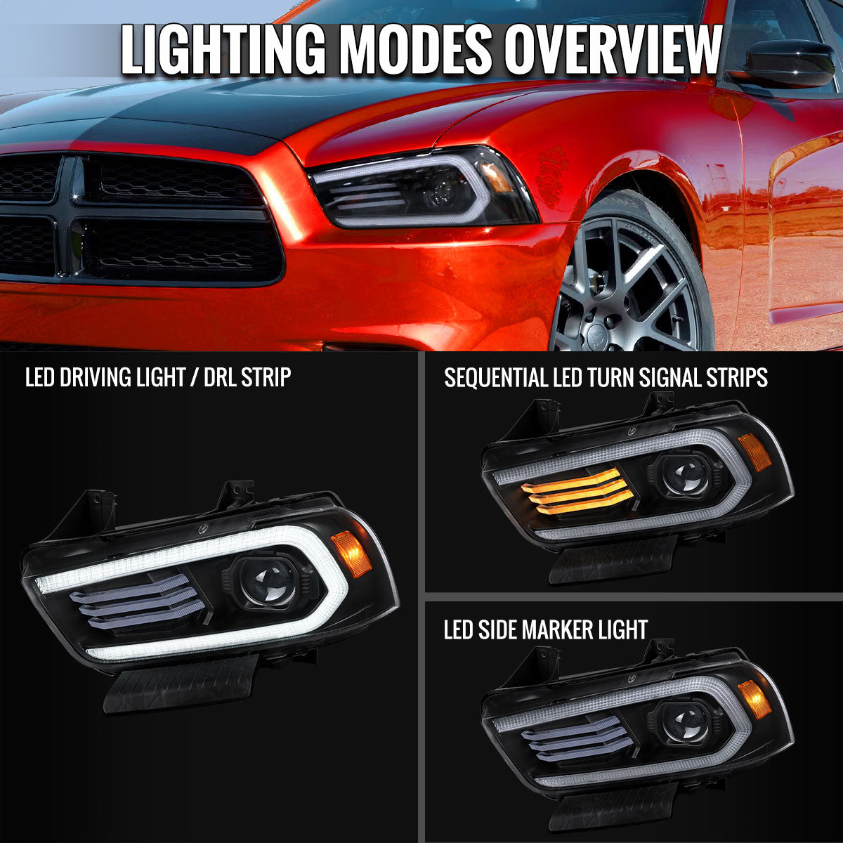 2011-2014 Dodge Charger HID Projector Headlights w/ LED DRL Light Strip Sequential Turn Signal and Side Marker (Black Housing / Clear Lens)
