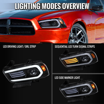 2011-2014 Dodge Charger HID Projector Headlights w/ LED DRL Light Strip Sequential Turn Signal and Side Marker (Black Housing / Clear Lens)