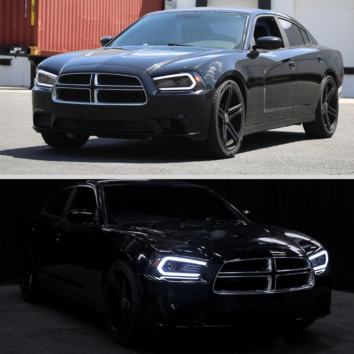 2011-2014 Dodge Charger HID Projector Headlights w/ LED DRL Light Strip Sequential Turn Signal and Side Marker (Black Housing / Clear Lens)