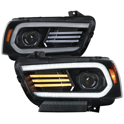 2011-2014 Dodge Charger HID Projector Headlights w/ LED DRL Light Strip Sequential Turn Signal and Side Marker (Black Housing / Clear Lens)