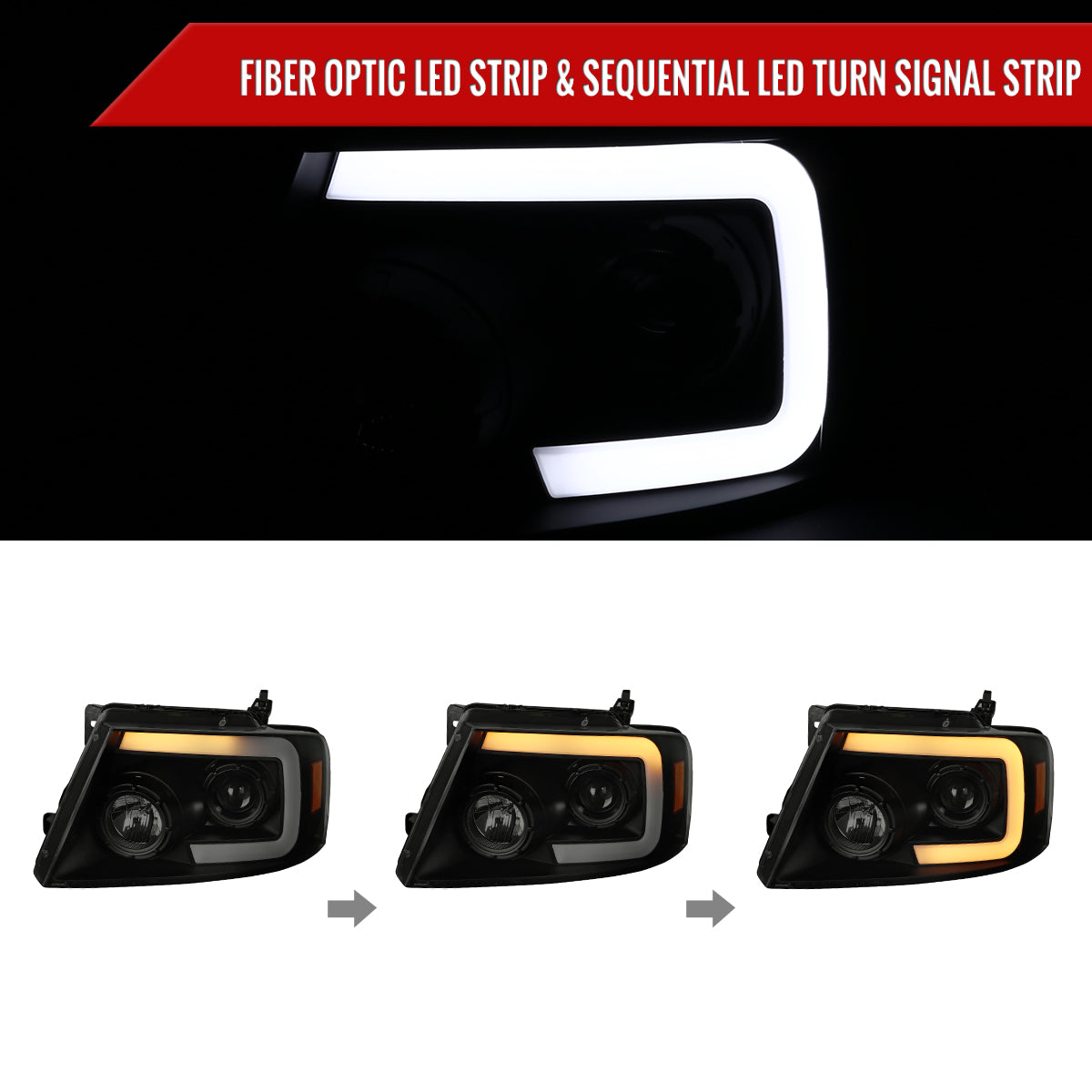 2004-2008 Ford F-150/ 2006-2008 Lincoln Mark LT Switchback Sequential LED C-Bar Projector Headlights (Black Housing/Smoked Lens)