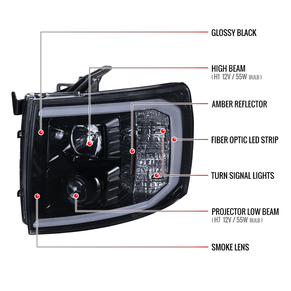2007-2013 Chevrolet Silverado 1500/ 2007-2014 Silverado 2500HD 3500HD LED C-Bar Projector Headlights (Glossy Black Housing/Smoked Lens)