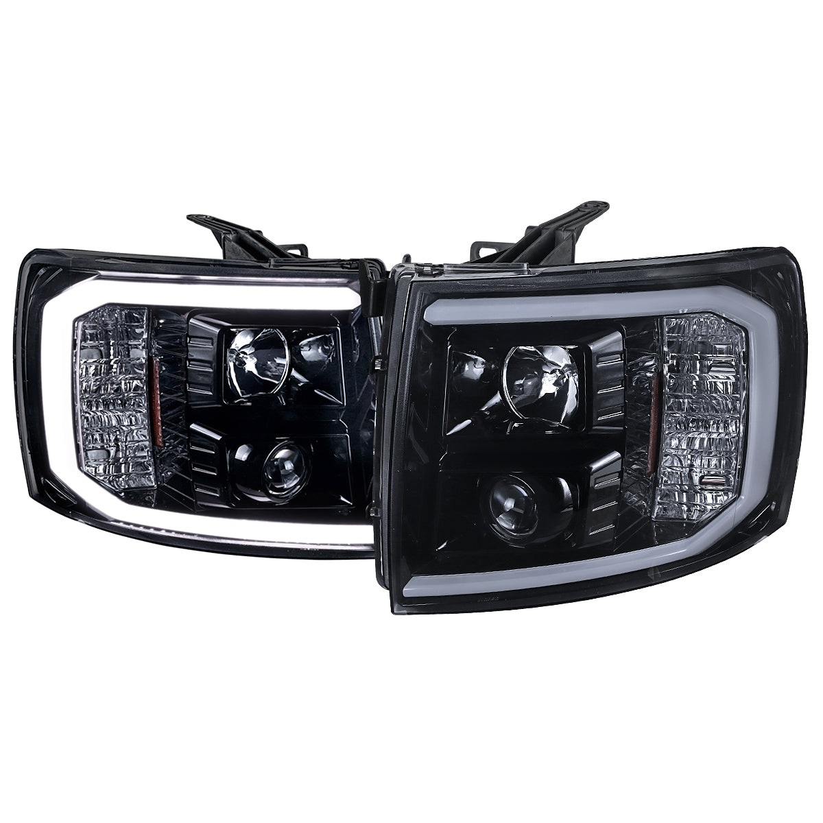 2007-2013 Chevrolet Silverado 1500/ 2007-2014 Silverado 2500HD 3500HD LED C-Bar Projector Headlights (Glossy Black Housing/Smoked Lens)