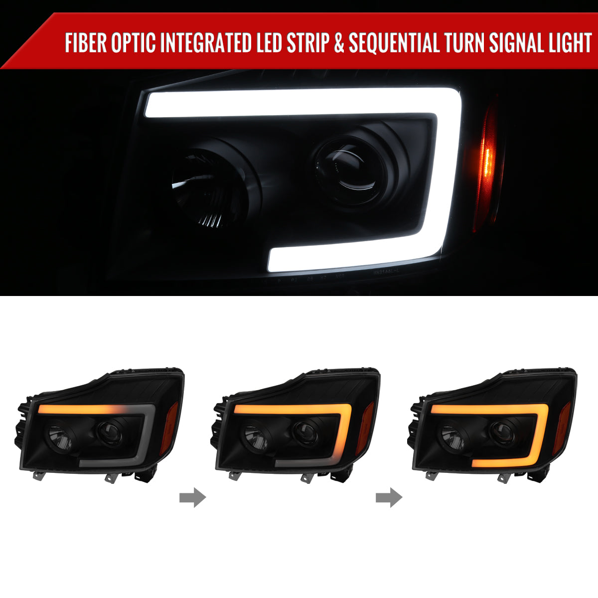 2004-2015 Nissan Titan/ 2004-2007 Armada LED C-Bar Projector Headlights w/ Switchback Sequential Turn Signals (Black Housing/Smoked Lens)