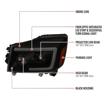 2004-2015 Nissan Titan/ 2004-2007 Armada LED C-Bar Projector Headlights w/ Switchback Sequential Turn Signals (Black Housing/Smoked Lens)