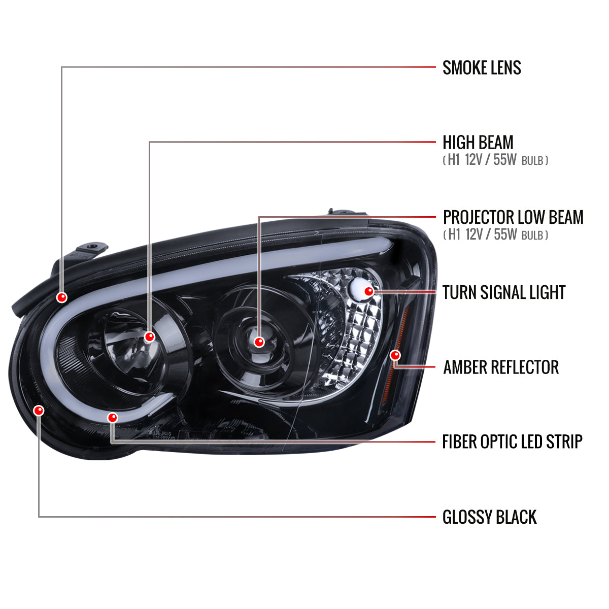 2004-2005 Subaru Impreza WRX/STI Outback Projector Headlights w/ LED Light Bar (Glossy Black Housing/Smoked Lens)