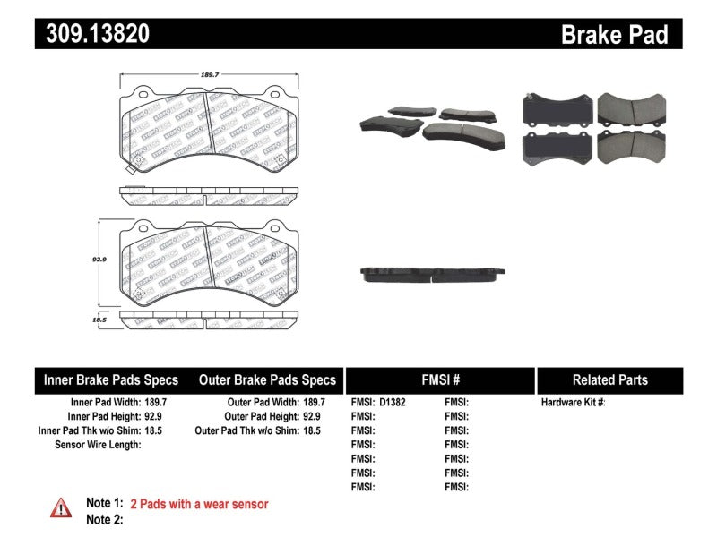 StopTech 309.13820 StopTech Sport Brake Pads with Shims For 09-21 GT-R Karma