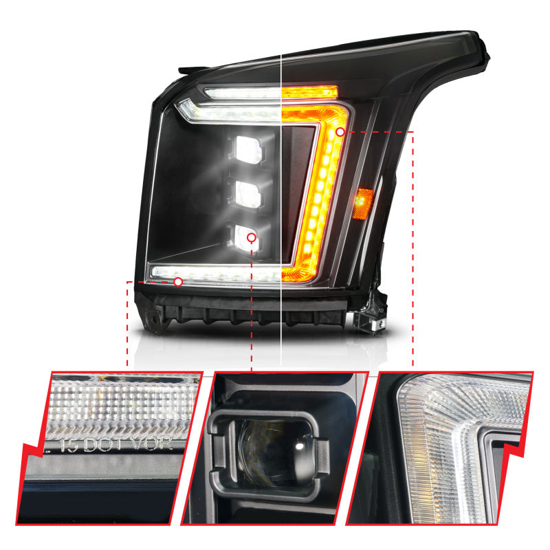 ANZO 15-20 GMC Yukon/XL Full LED Proj Headlight Black PASS Halogen Models | Yukon/XL (111635X-R)