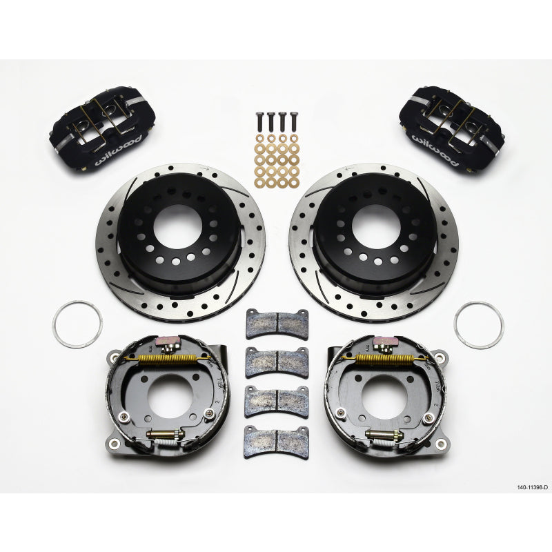 Wilwood Dynapro Low-Profile Rear Brake System - 4 Piston Caliper - 11.000 in Drilled / Slotted  Rotor - Parking Brake / Offset Hat - Black Powder Coat - GM 1968-96