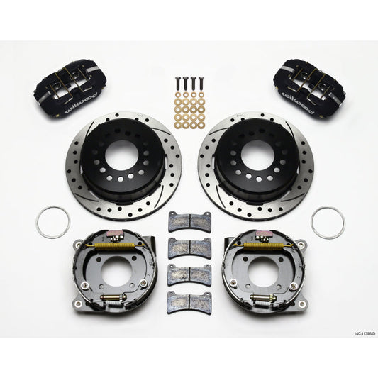 Wilwood Dynapro Low-Profile Rear Brake System - 4 Piston Caliper - 11.000 in Drilled / Slotted  Rotor - Parking Brake / Offset Hat - Black Powder Coat - GM 1968-96