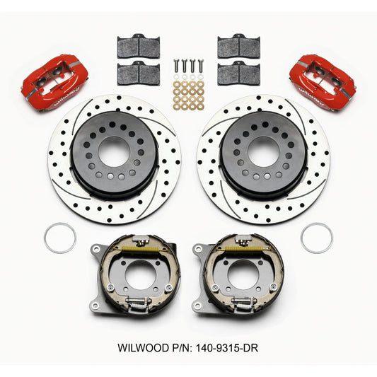 Wilwood Dynalite Rear Brake System - 4 Piston Caliper - 12.188 in Drilled/Slotted Rotor - Offset Hat/Parking Brake - Red - GM 12-Bolt
