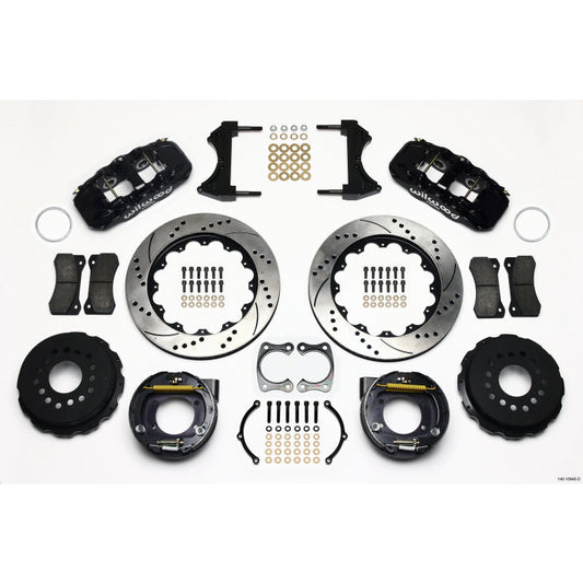 Wilwood AERO4 Big Brake Rear Brake System - 4 Piston Caliper - 14.000 in Drilled/Slotted Iron Rotor - Black - Big Ford